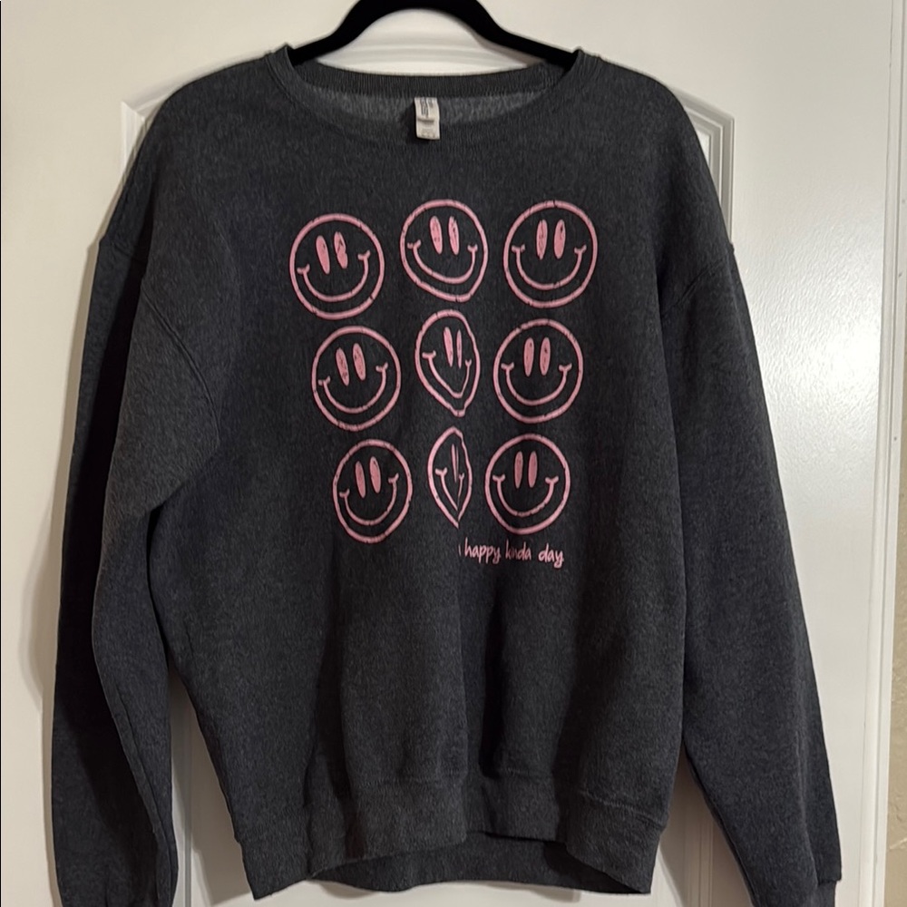 Dark Gray Sweatshirt with Pink Smiley Faces